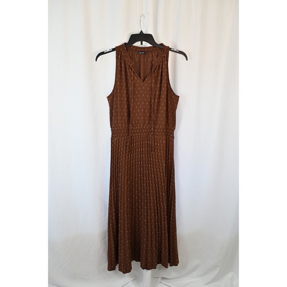 Pretty Garden Brown Polka Dot Pleated Midi Dress Smocked Waist XL